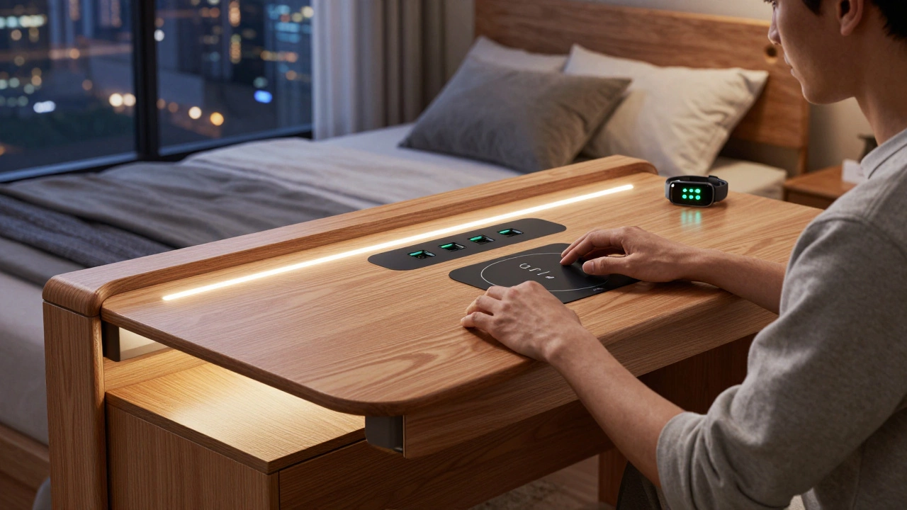 Smart desk with wireless charging and under-bed lighting in a contemporary Indian home.