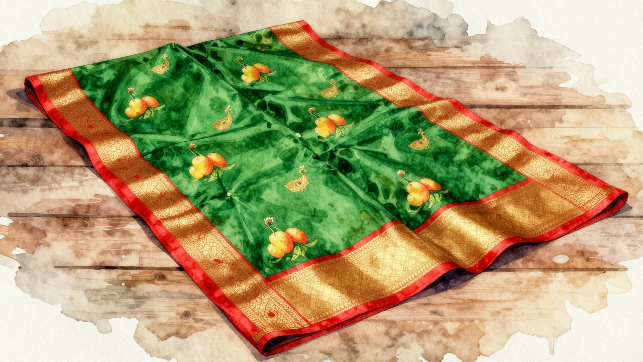 Vibrant Kanjivaram silk saree with peacock and mango temple patterns in rich jewel tones.