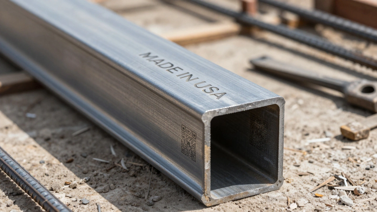 A steel beam with 'MADE IN USA' laser-etched on its surface, lying on a construction site in Texas.