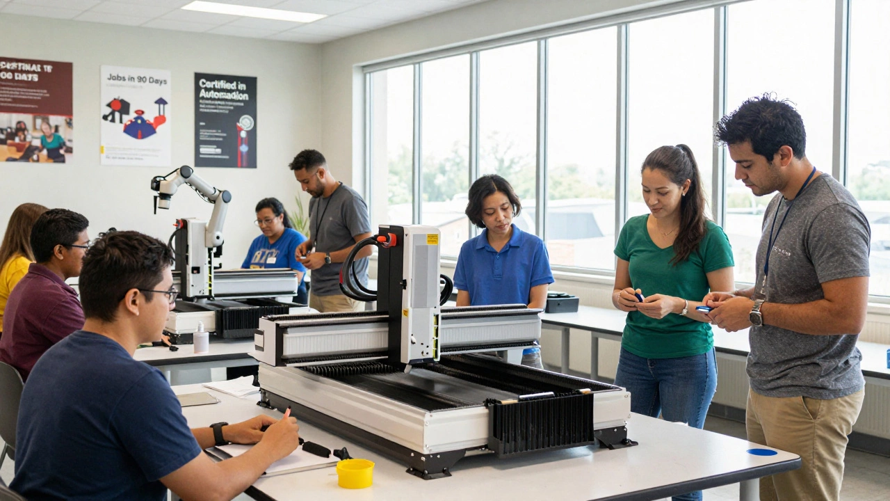 Adult learners training on CNC machines and robotic arms in a community college workshop, instructors guiding them.