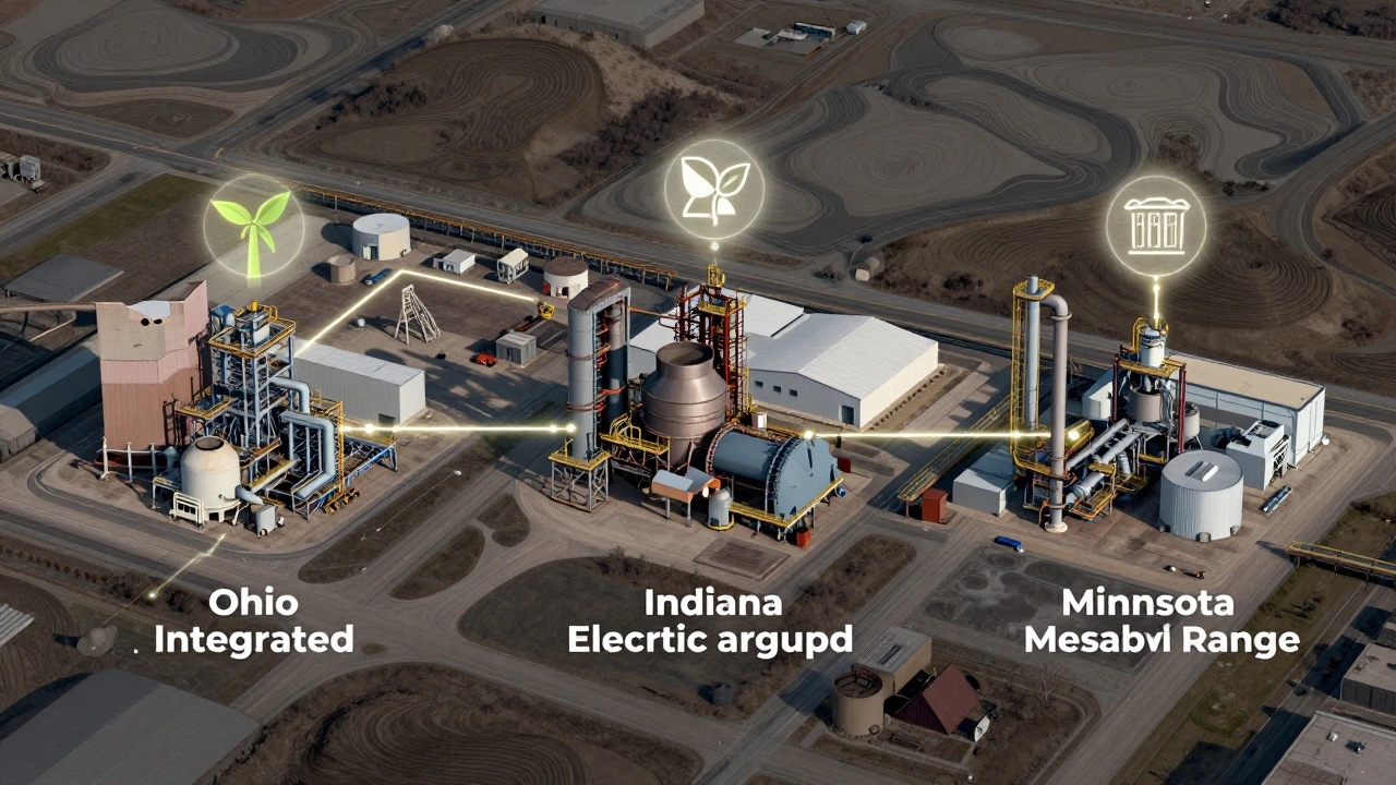 Aerial view of three U.S. steel production sites connected by supply chains with renewable energy icons.