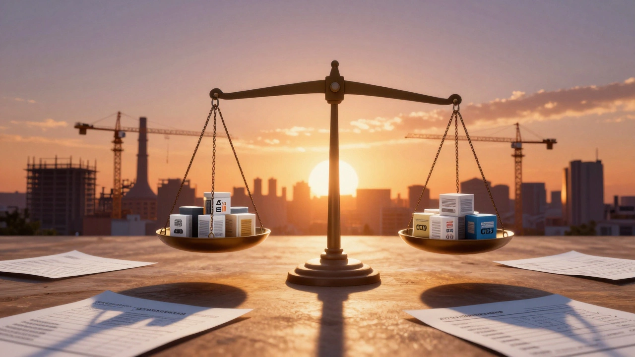 Balance scale with products and documents against factory skyline at sunset