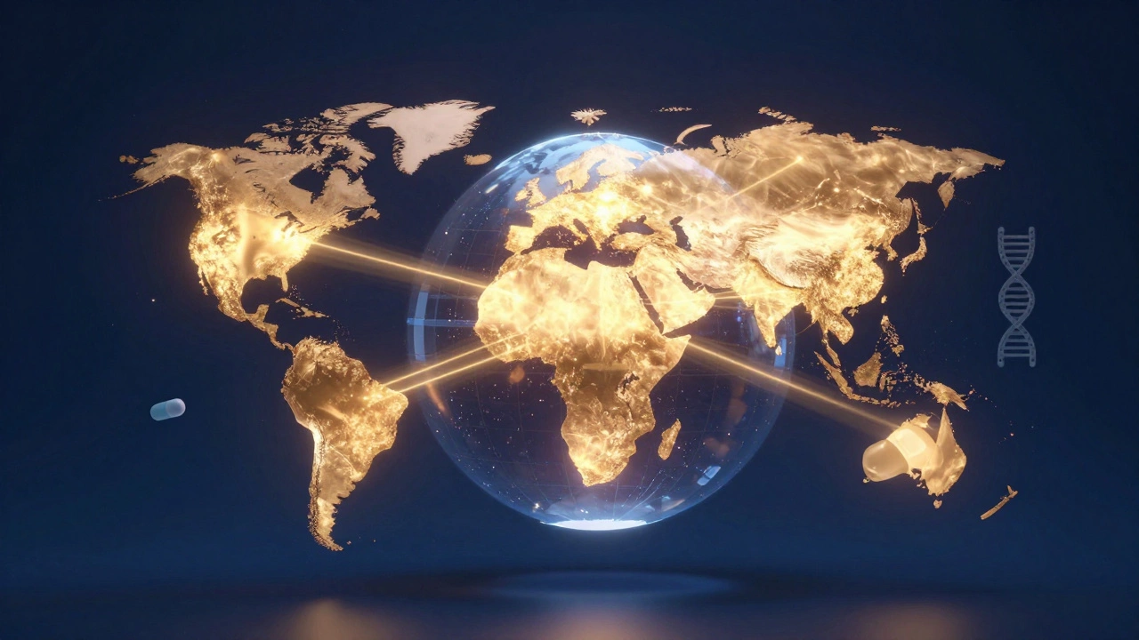 Conceptual globe showing global pharmaceutical supply chain connections.
