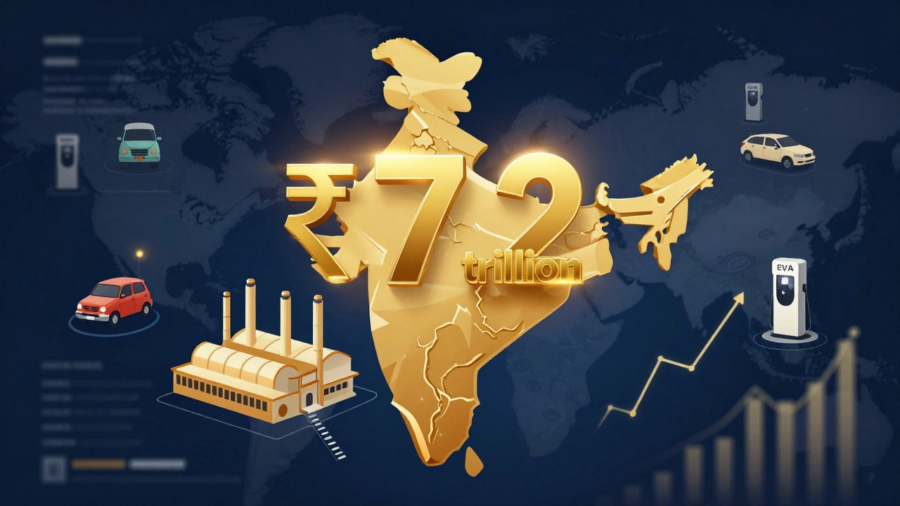 Financial dashboard with Tata Motors' market value glowing above India, surrounded by EV charging stations and growth graphs.