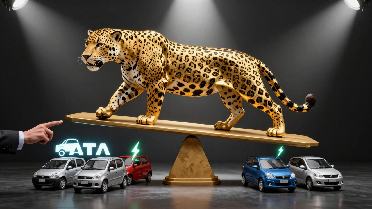 Gold-plated Jaguar Land Rover outweighs small Maruti cars on a scale, with EV symbols and investor hands tipping the balance.