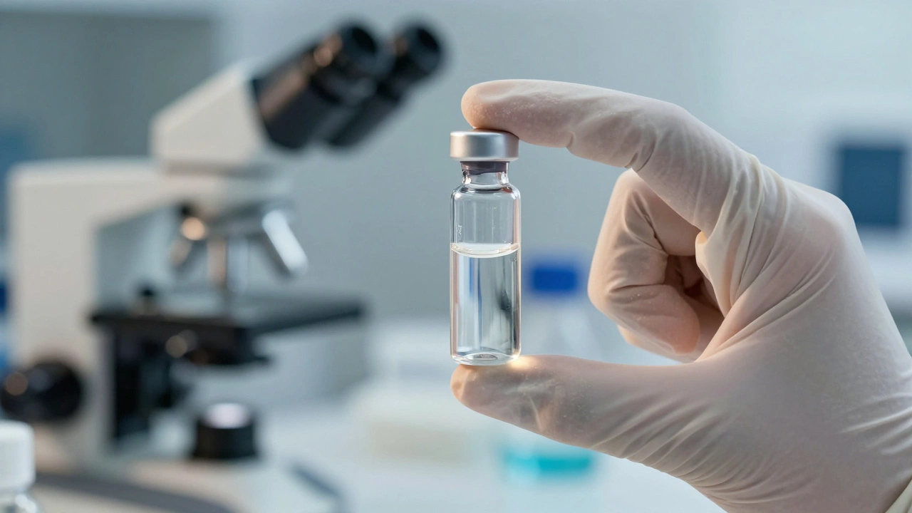 Scientist holding a vial in a research laboratory focusing on biotechnology.