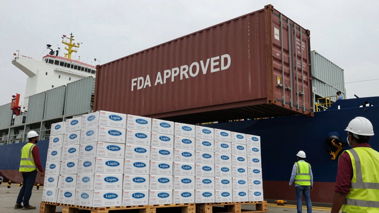 Shipping containers labeled 'FDA APPROVED' loaded at Mumbai port, filled with Indian-made generic drugs.