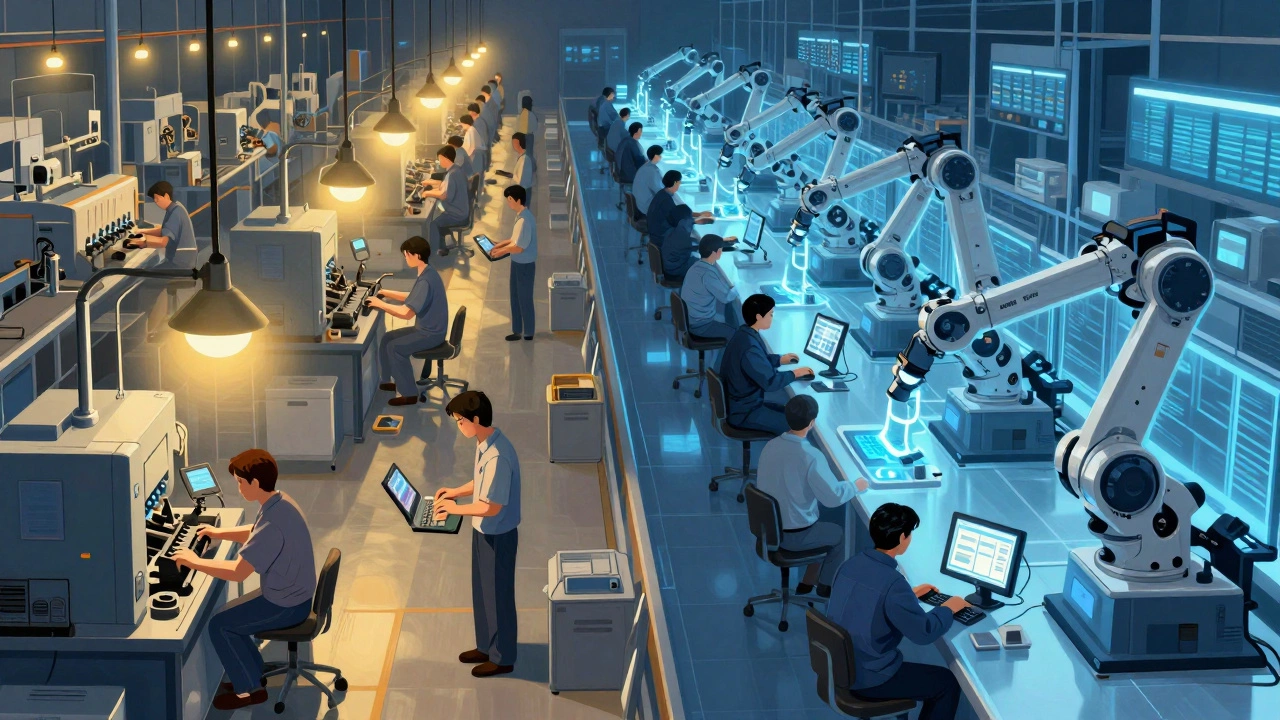 Side-by-side comparison of a 2000s factory full of workers and a 2025 automated factory with few technicians monitoring screens.