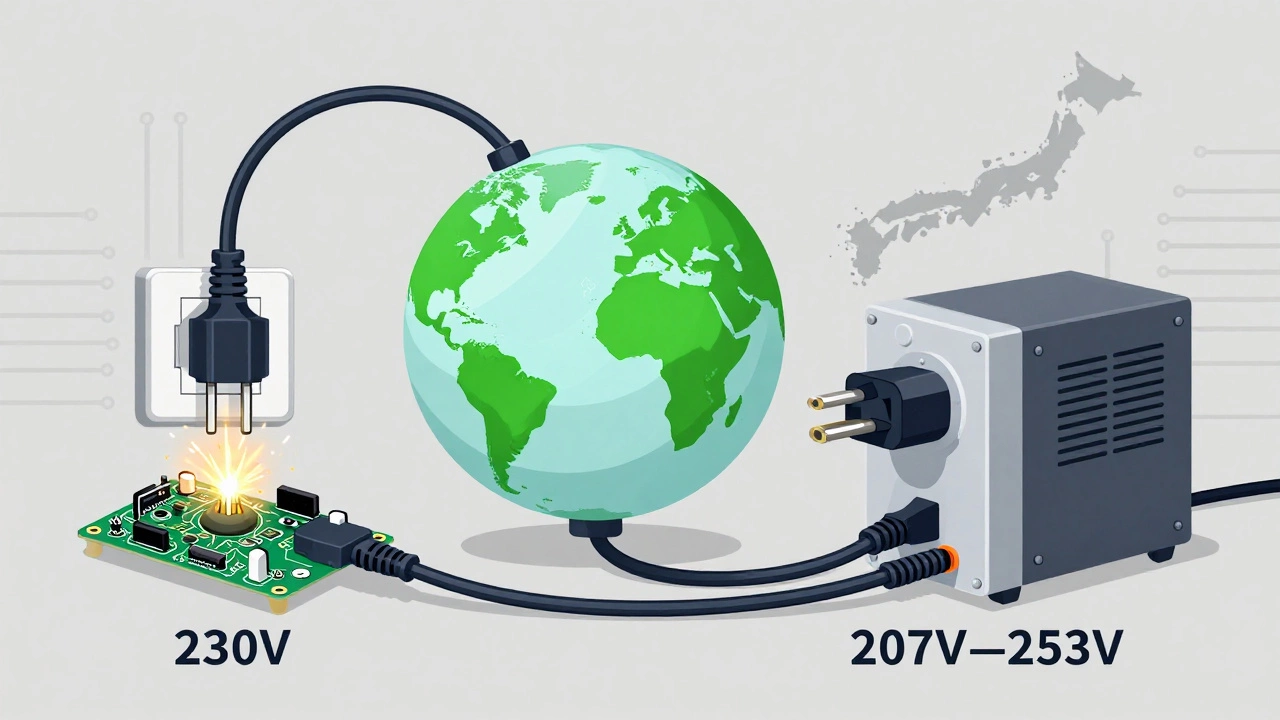 Split illustration comparing U.S. 110V device failure versus Indian 230V stable power system.