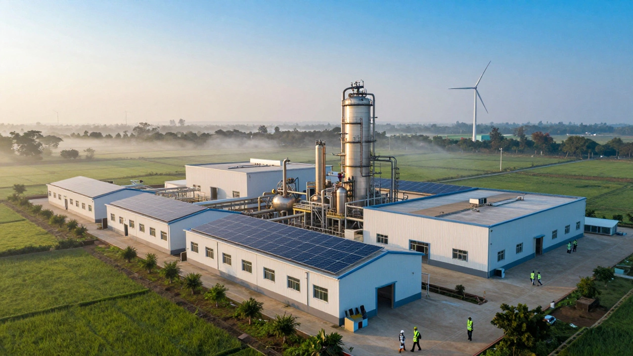Sustainable chemical plant with solar panels at sunrise