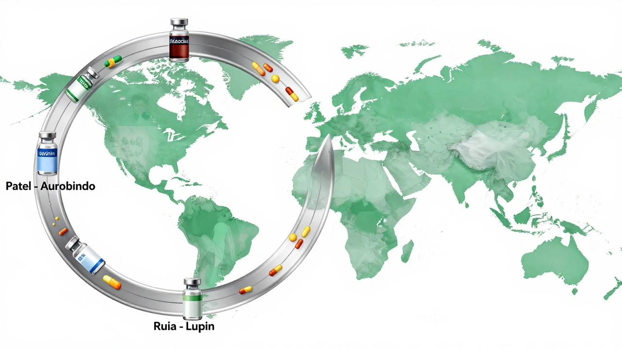 Two supply chains merge into a global map, showing Indian-made medicines reaching patients worldwide.