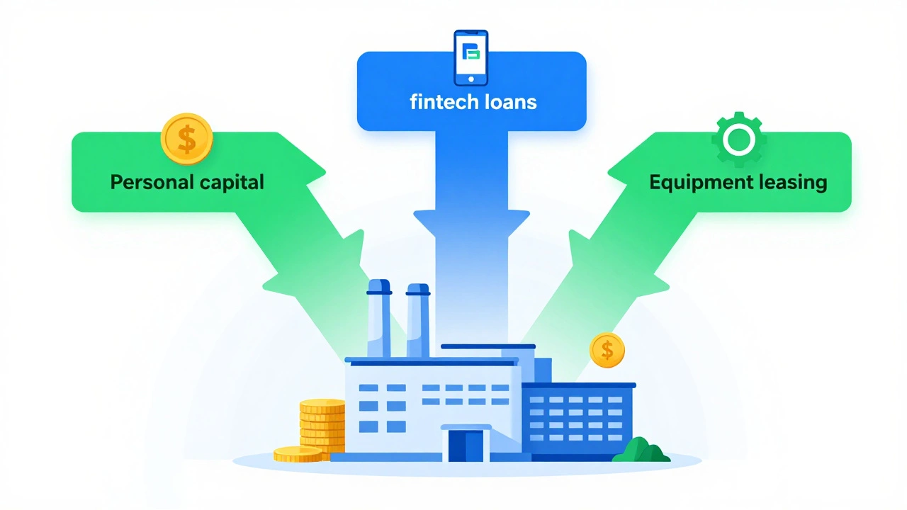 Visual diagram showing three funding pathways leading to factory operations