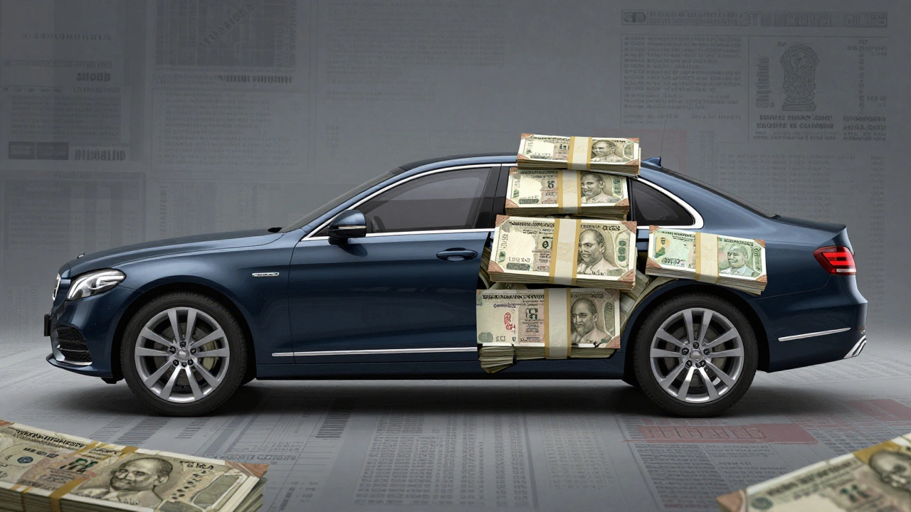 A conceptual image of a car merged with stacks of money and tax documents.