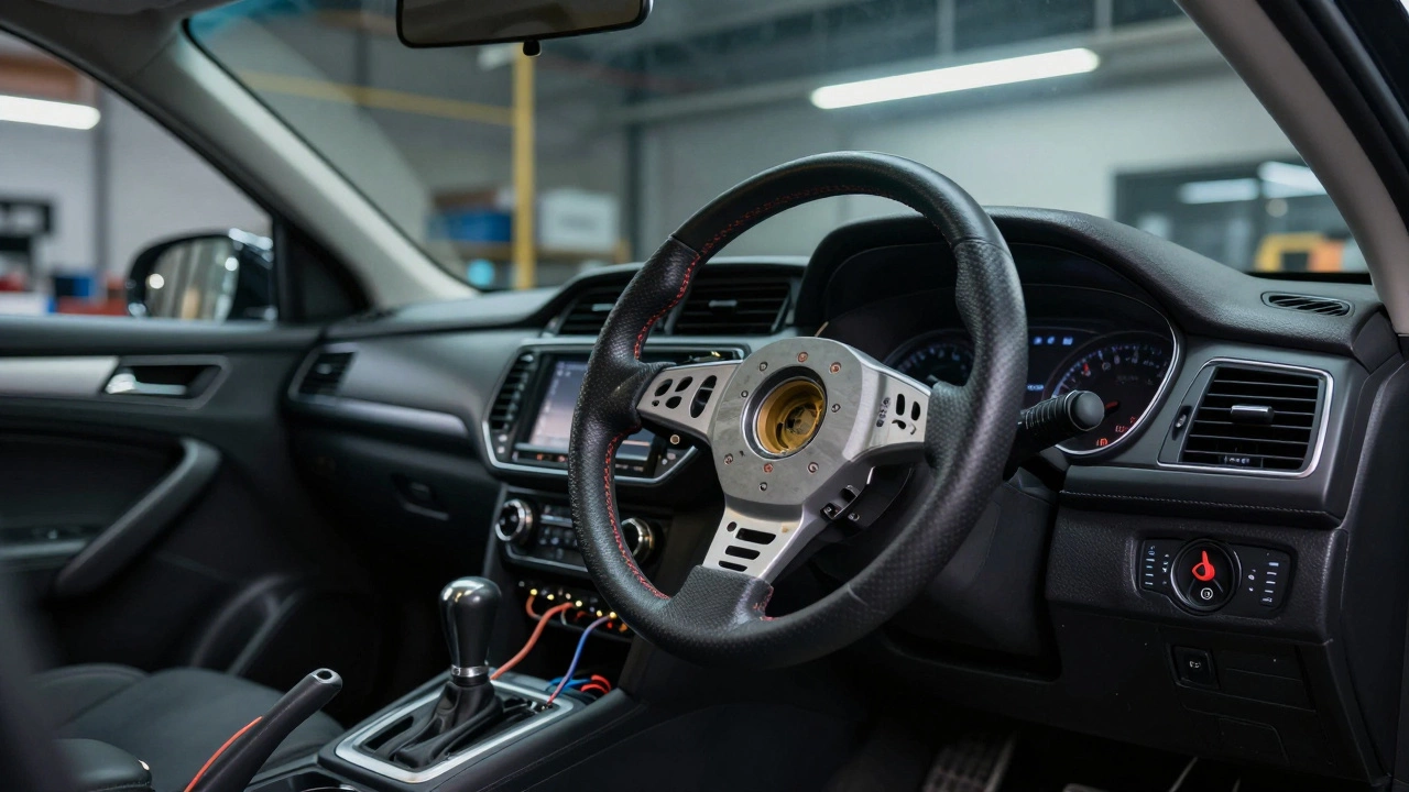 A mechanic converting a car's steering wheel from left to right hand drive in a workshop.