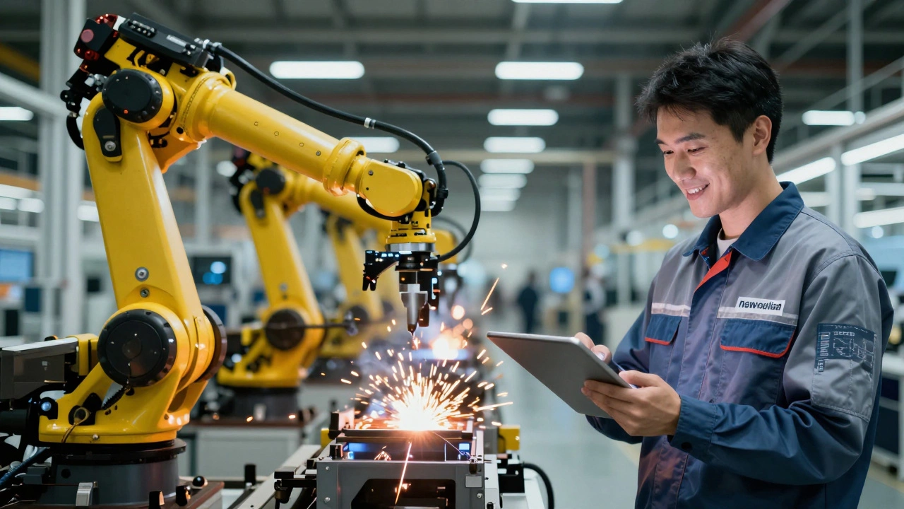 A technician with a tablet overseeing a line of robotic arms in a car factory.