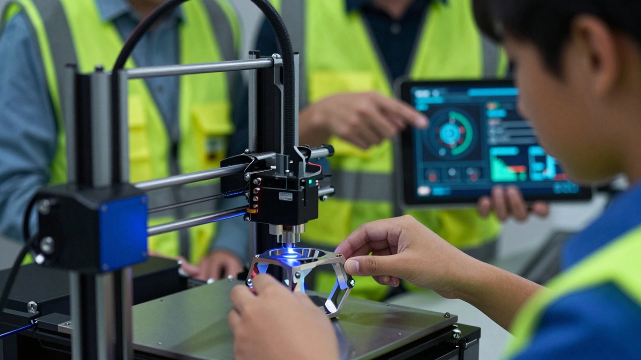 Apprentice using a professional 3D printer for additive manufacturing under a mentor's guidance
