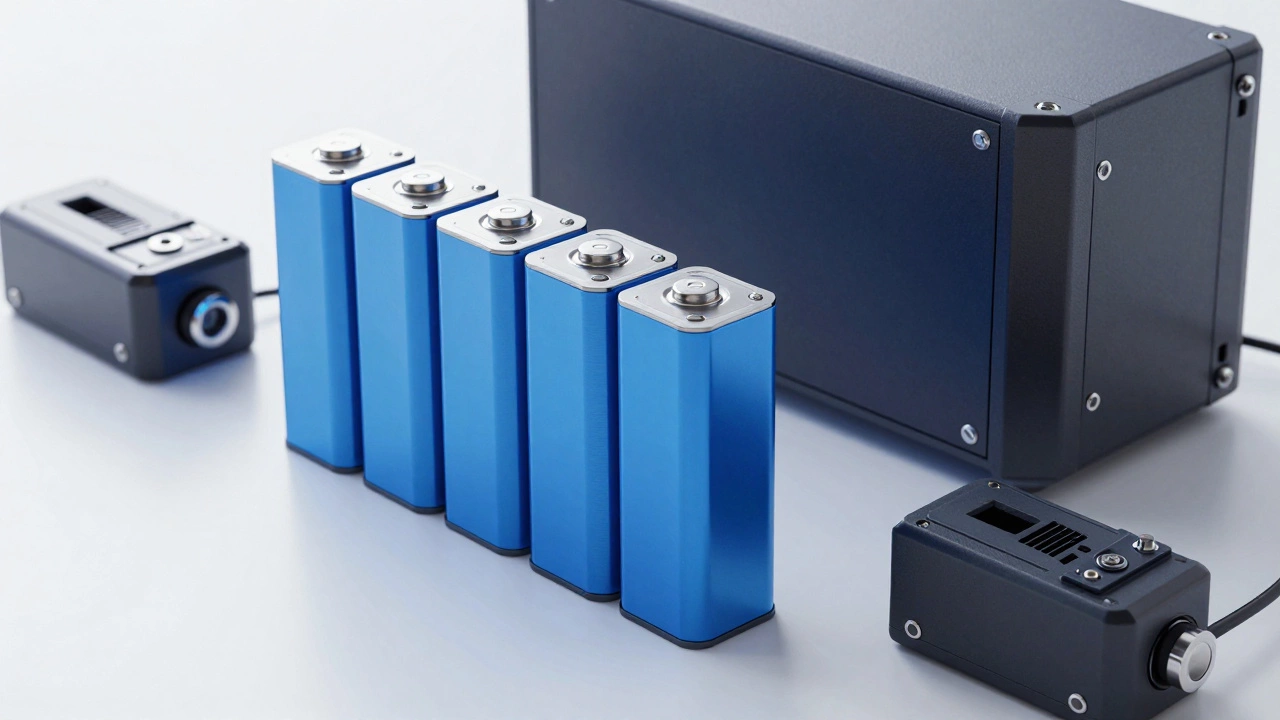 Close-up of solid-state batteries and electric vehicle charging components