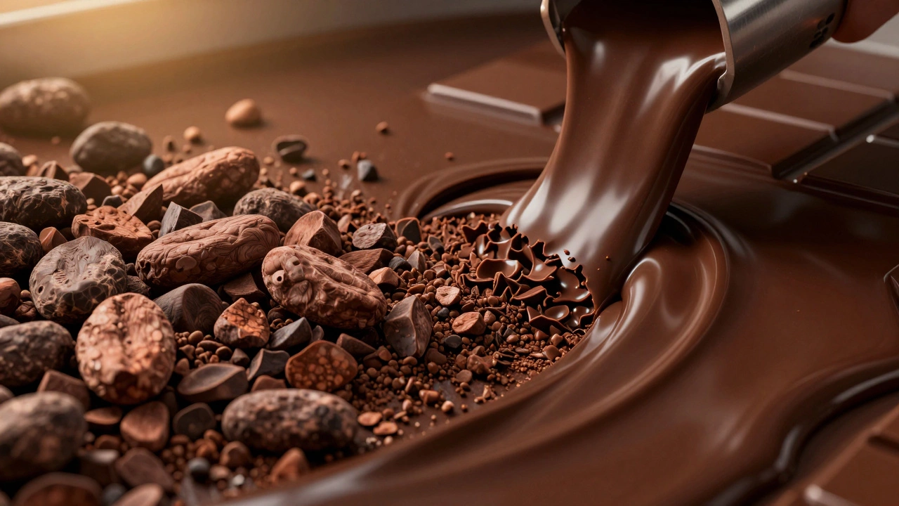 Conceptual view of cocoa particles being refined for smooth chocolate texture