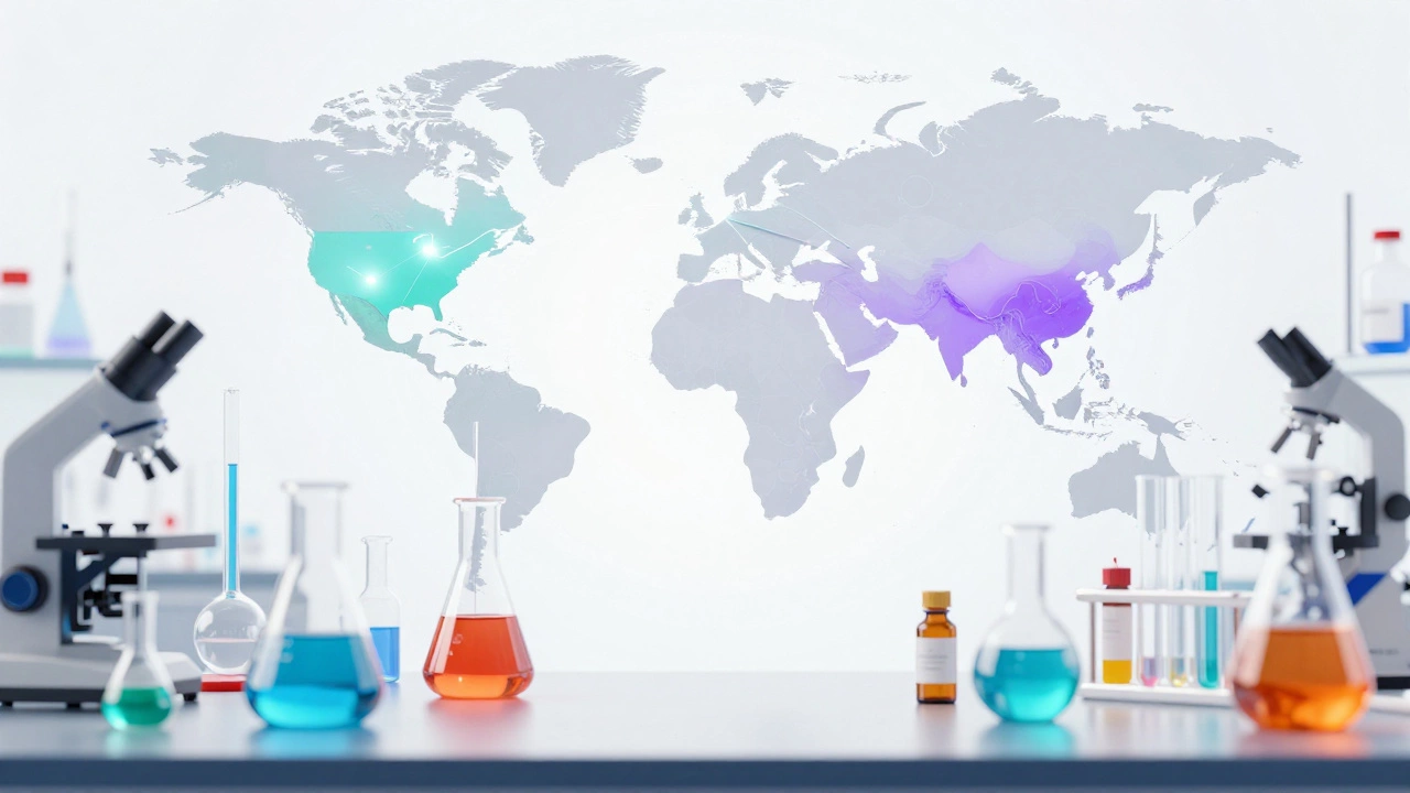 Futuristic laboratory setting with colorful specialty chemicals and a stylized map of Asia.