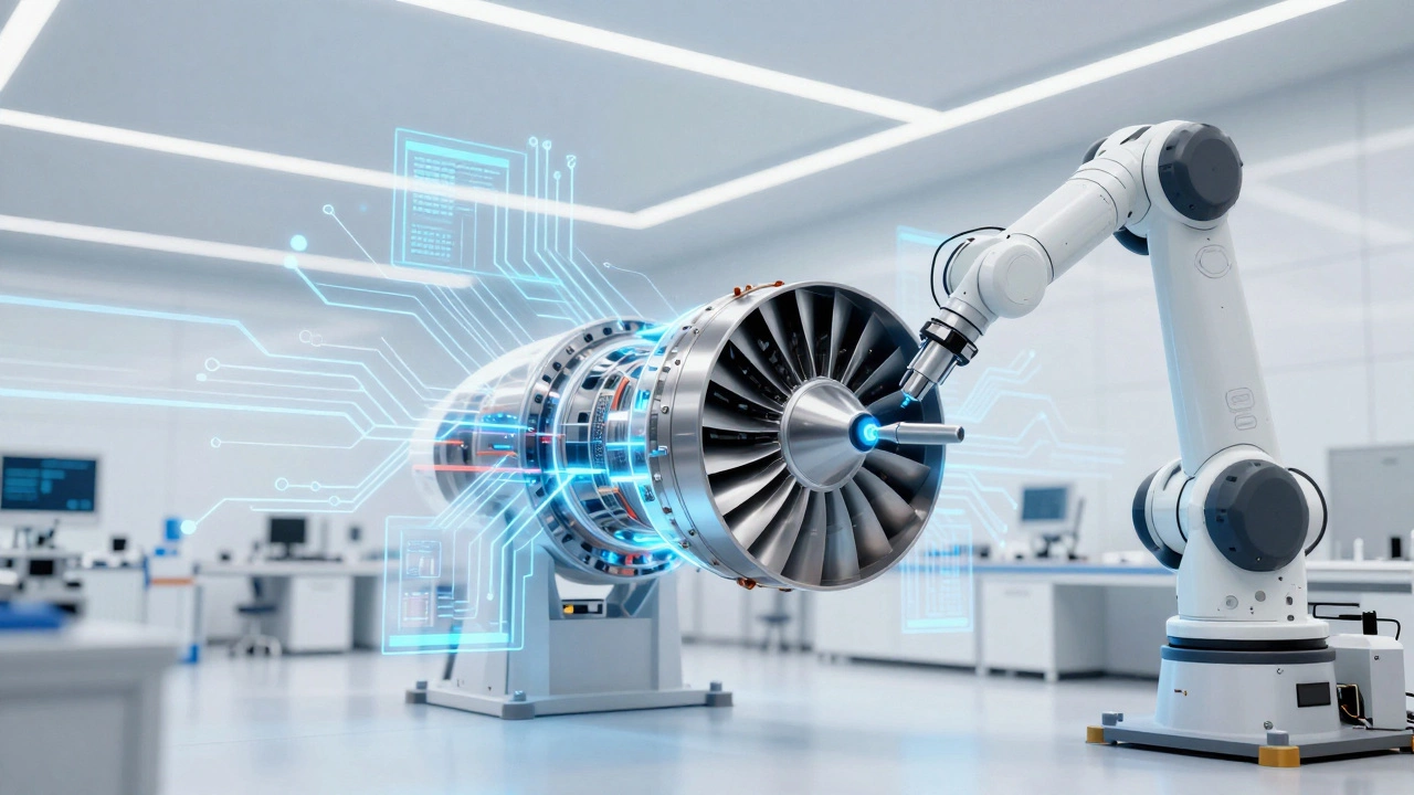 Futuristic semiconductor fab with a robotic arm assembling a jet engine part.