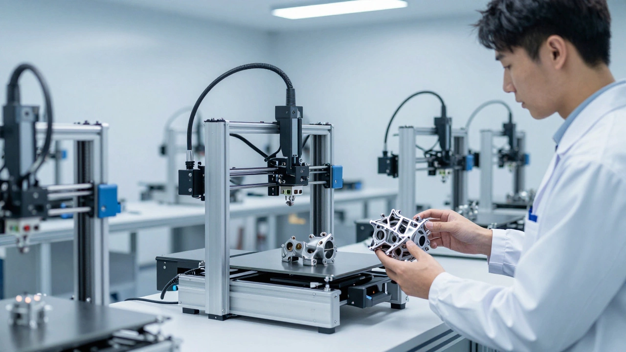 Industrial 3D printers creating aerospace parts inside a modern micro-factory