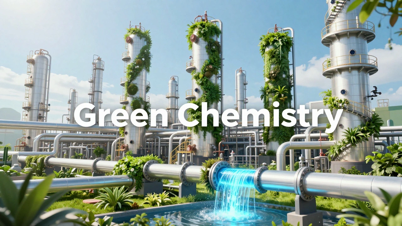 Sustainable chemical plant integrated with lush greenery and glowing blue hydrogen energy pipes.