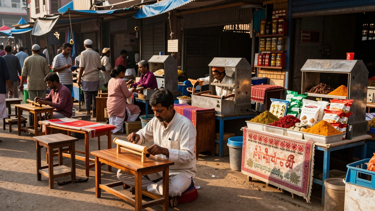 Artisans crafting furniture and food in a vibrant Indian workshop setting.