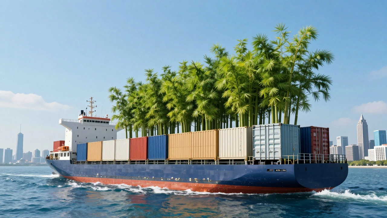 Cargo ship transporting containers with sustainable bamboo and acacia trees emerging, symbolizing eco-trade.