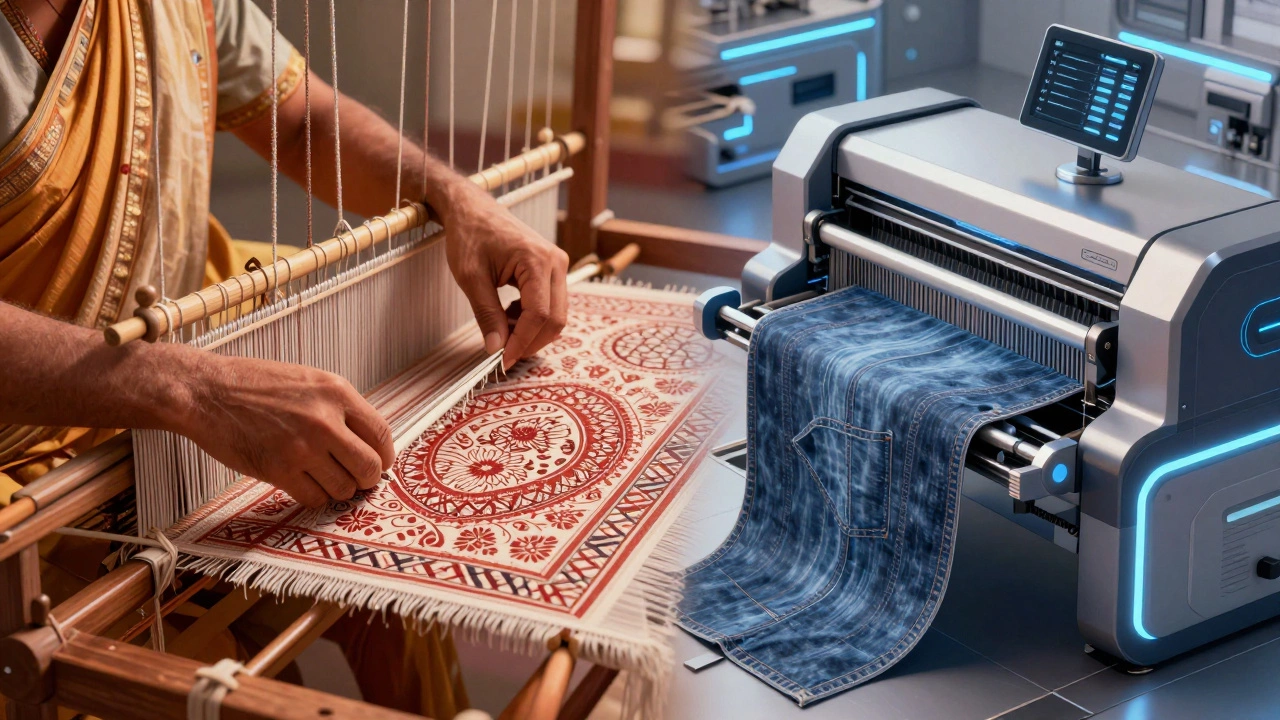 Contrast between traditional handloom weaving and modern digital printing.