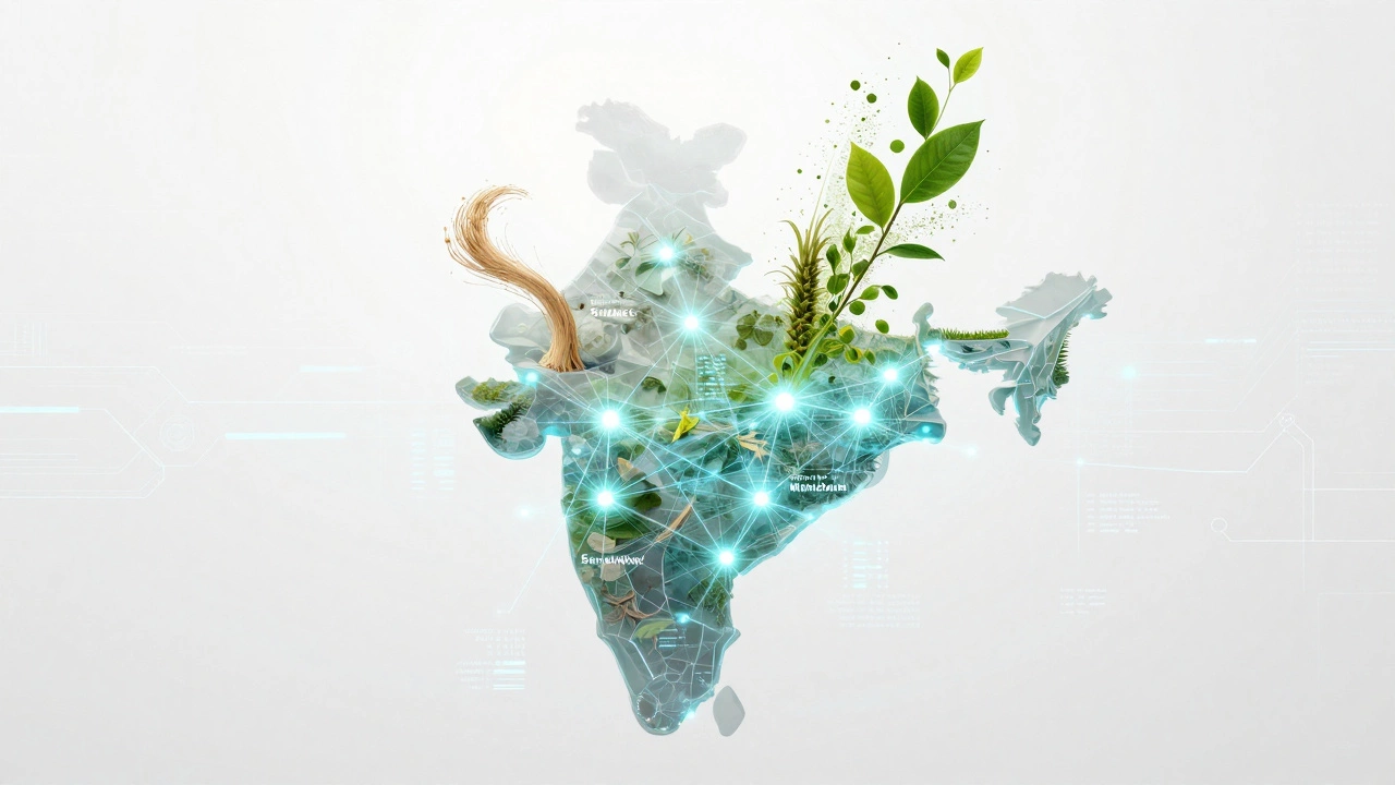 Digital network map showing sustainable textile hubs across India.