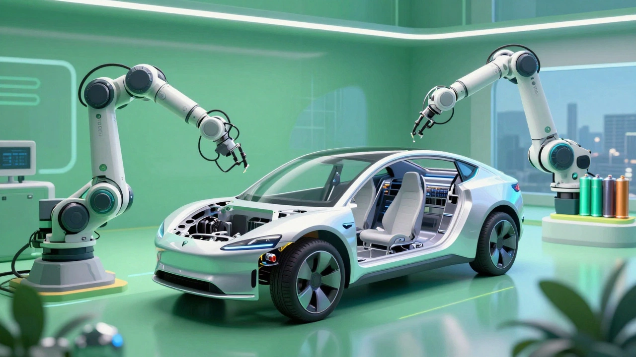 Futuristic concept art of electric vehicle manufacturing using local African resources