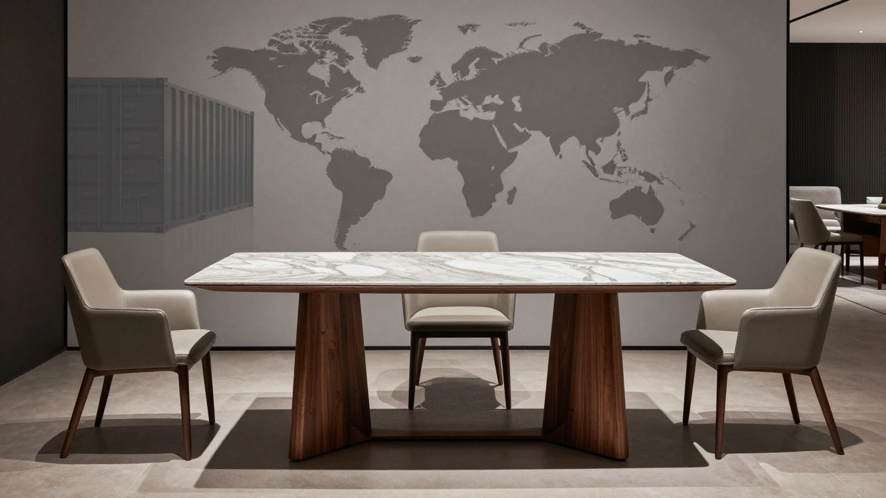 Luxury dining set in a modern showroom with subtle reflections of global logistics symbols.