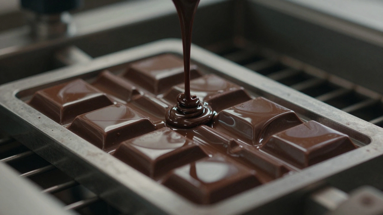 Melted chocolate pouring into metal molds for bar formation.