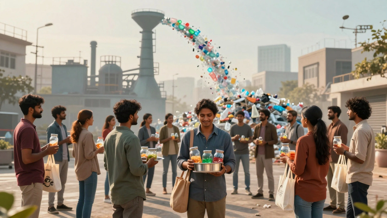 People holding reusable containers with a ghostly factory background