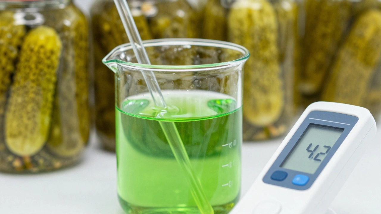 pH meter measuring acidity level of green pickle brine in a lab beaker