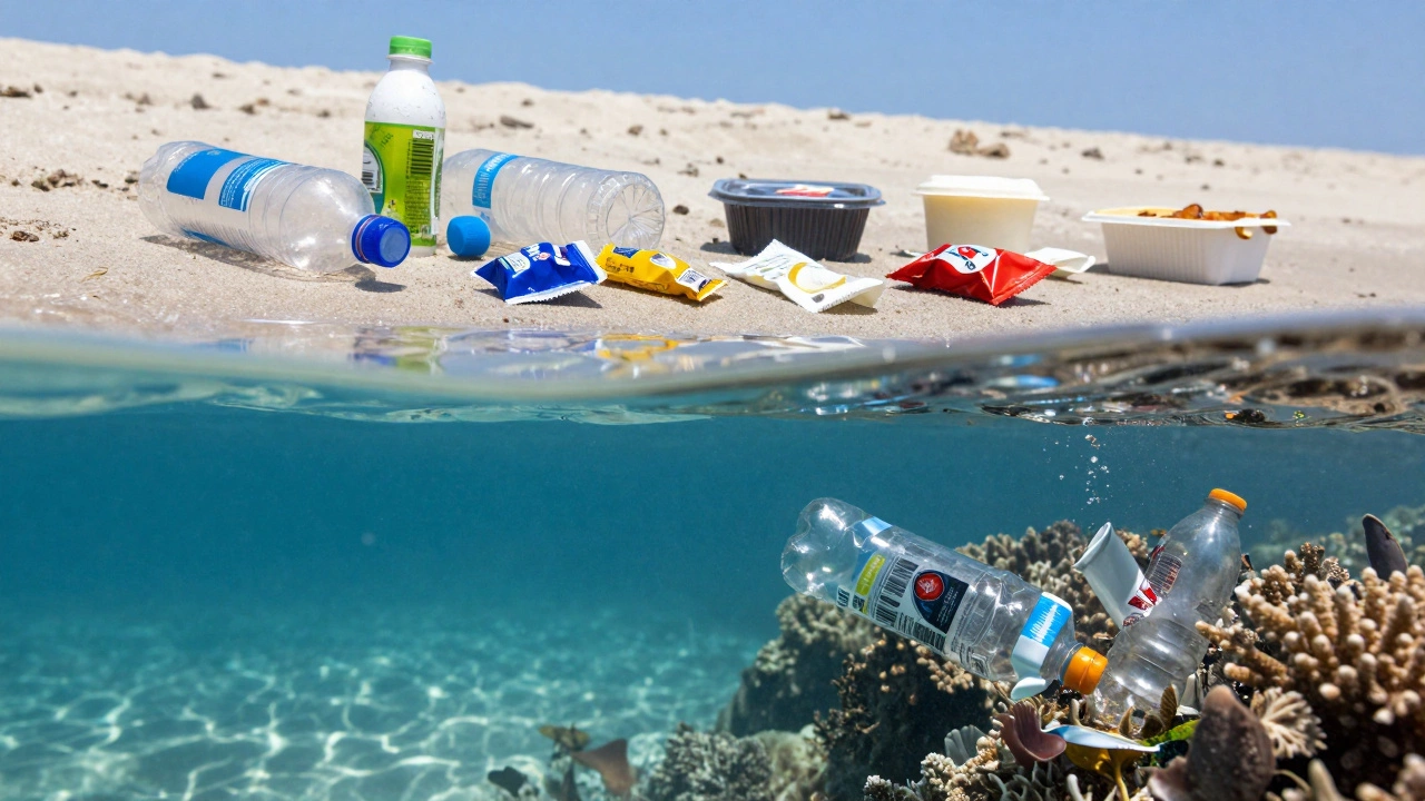 Plastic bottles and wrappers polluting a beach and floating in the ocean