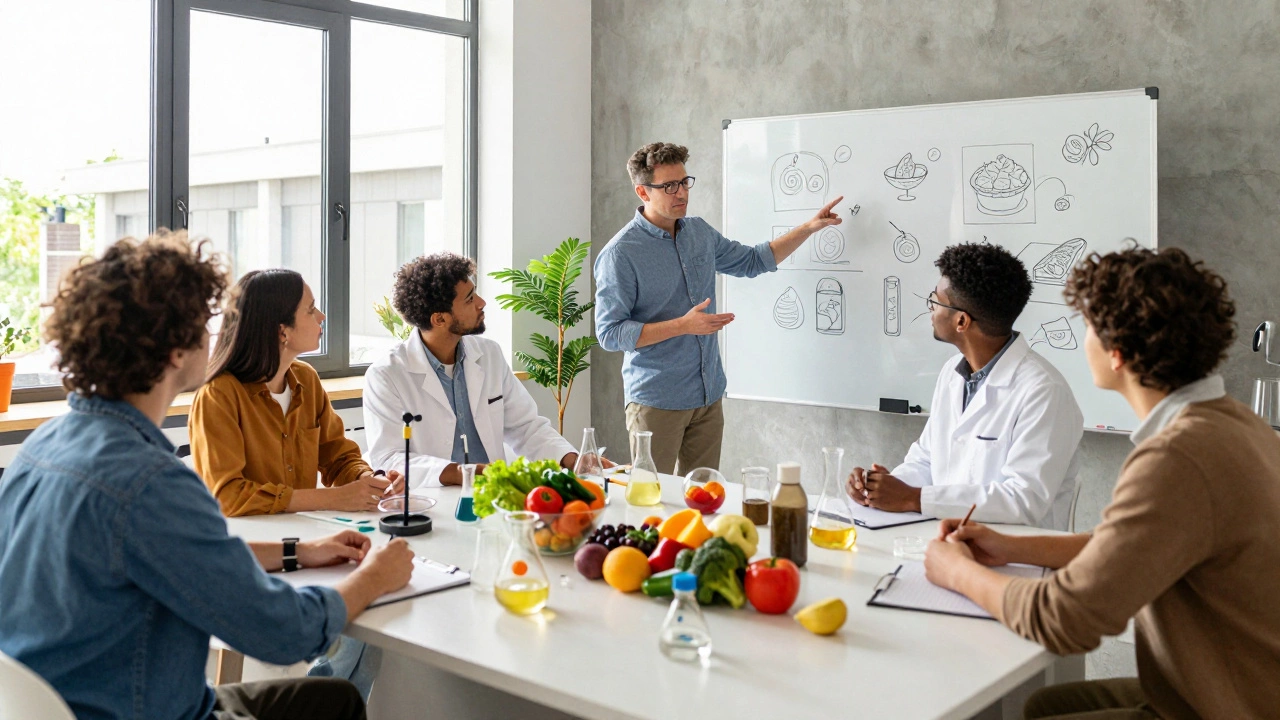 R&amp;D team developing new food products in innovation kitchen