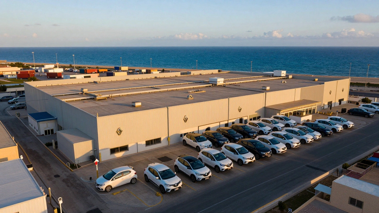 Renault factory in Tangier, Morocco, overlooking the sea with new cars ready for export