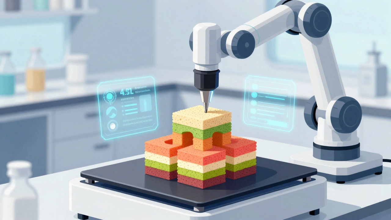 Robotic arm 3D printing a layered plant-based food structure.