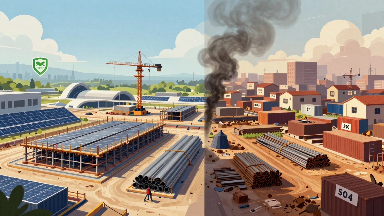 Split image comparing sustainable US steel vs cost-effective imported options