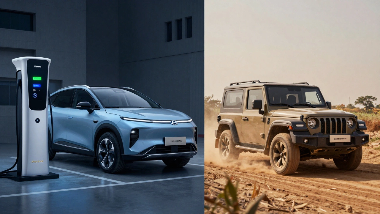 Split view of EV charging and rural SUV driving in India