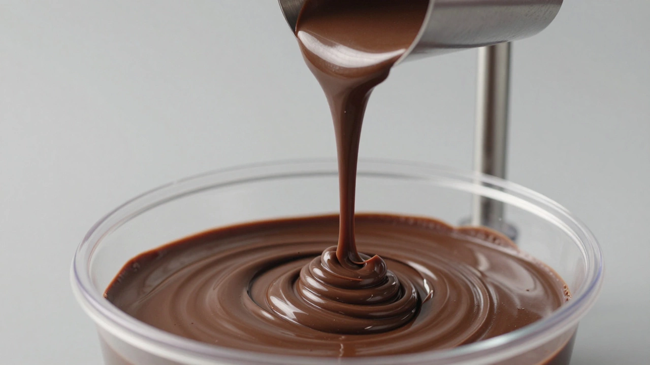 Thick chocolate ganache pouring slowly to demonstrate high viscosity