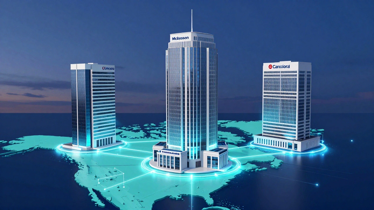 Three corporate towers connected by glowing supply chain networks