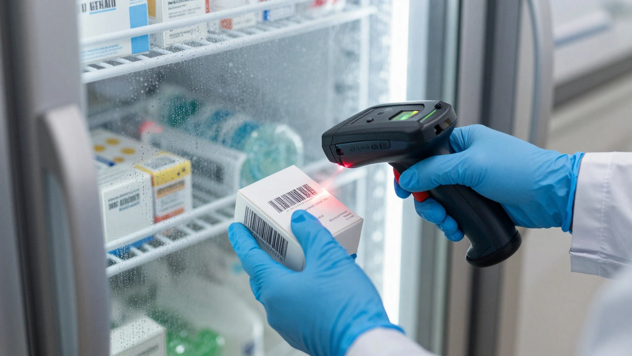 Worker scanning barcode on medicine box in cold storage facility