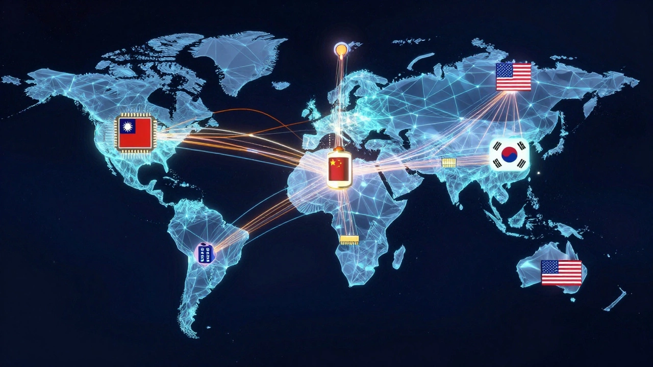 Abstract glowing network connecting global electronics manufacturing hubs