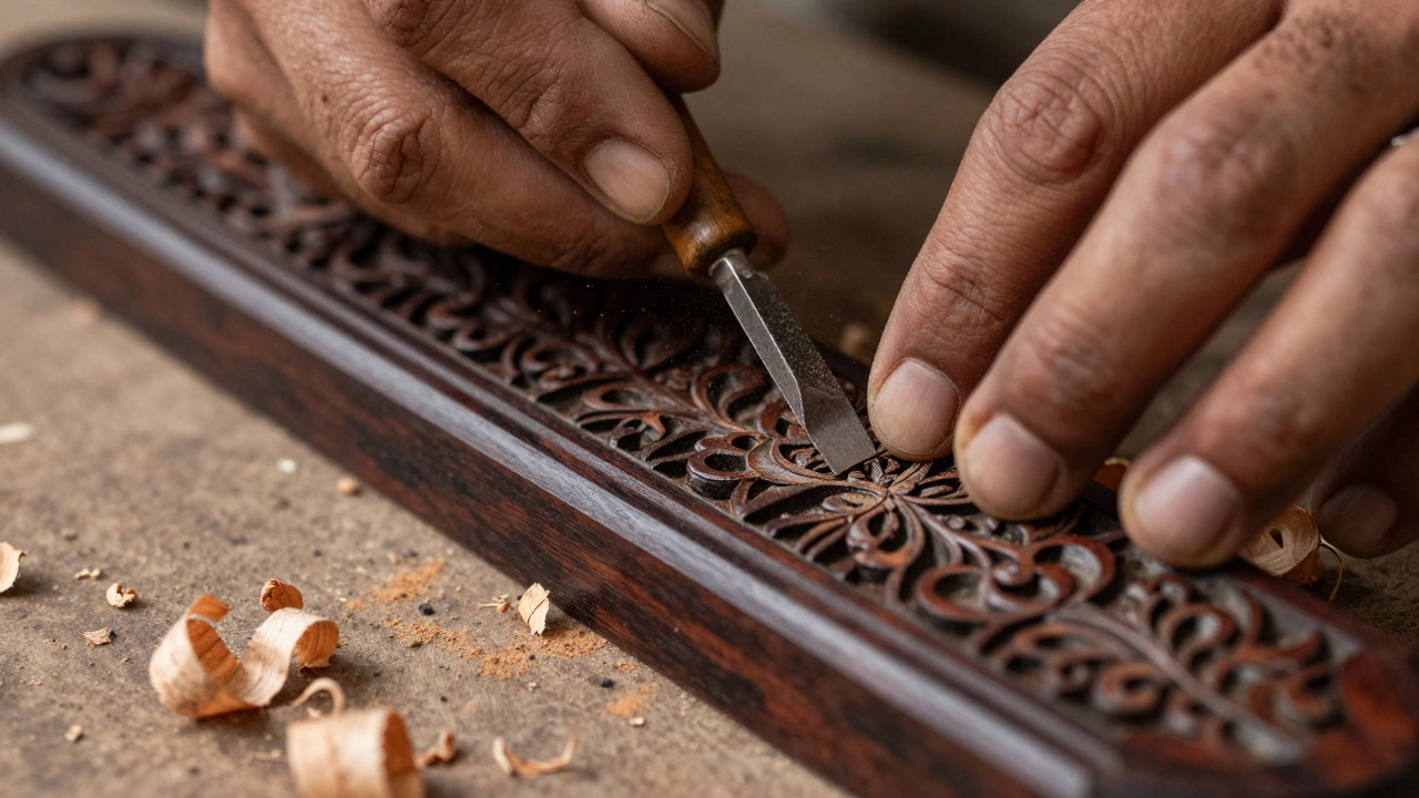 Artisan carving intricate patterns into rosewood in a Jodhpur workshop