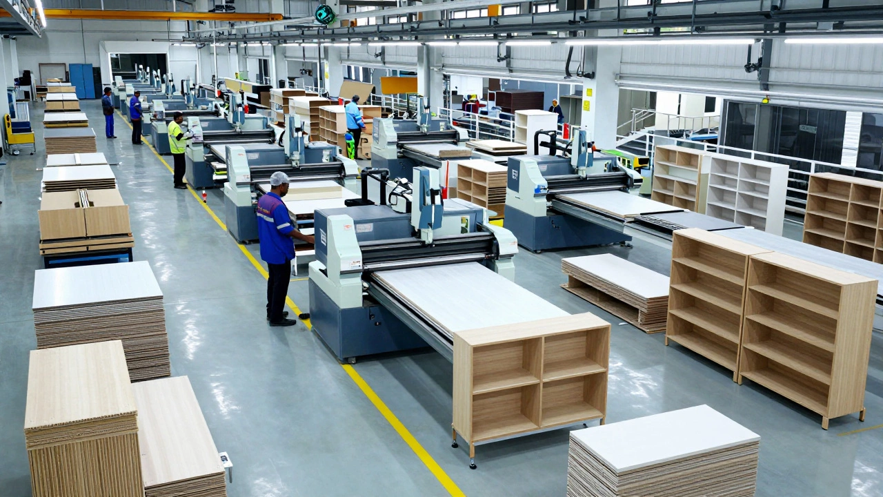 Automated machinery producing flat-pack modular furniture in a large Indian factory.