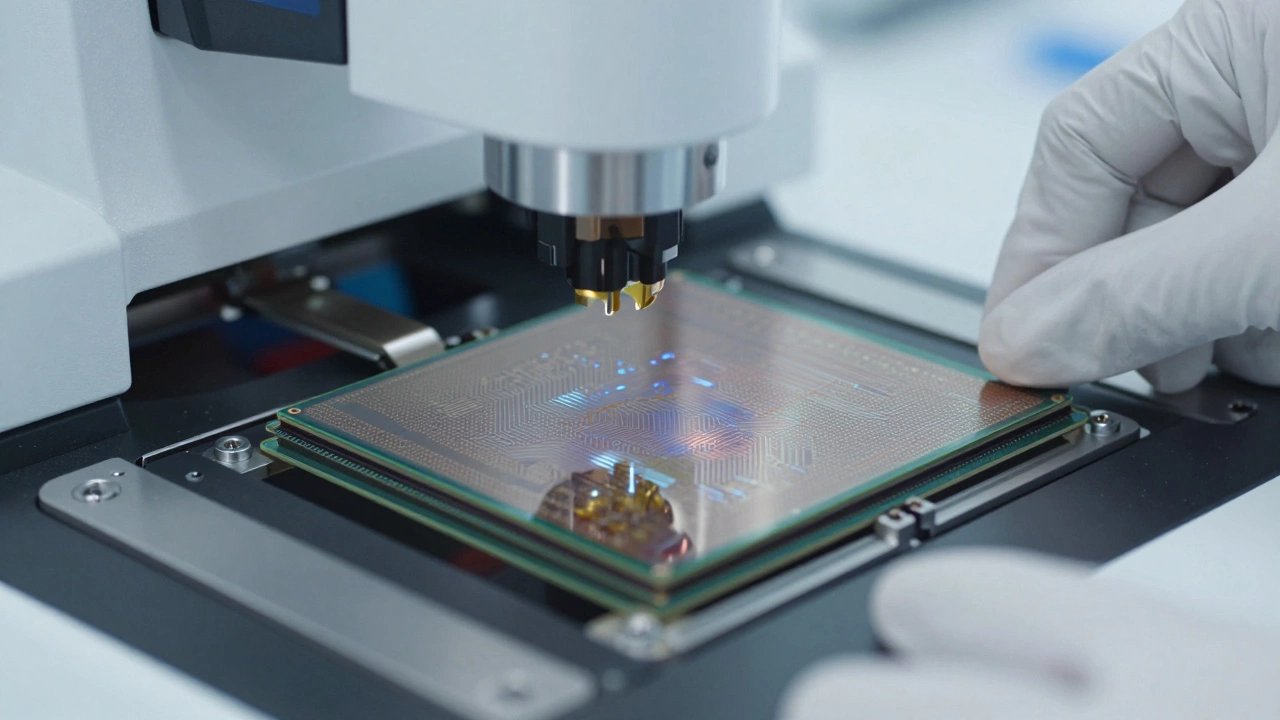 Close-up of a silicon wafer being handled in a high-tech semiconductor lab