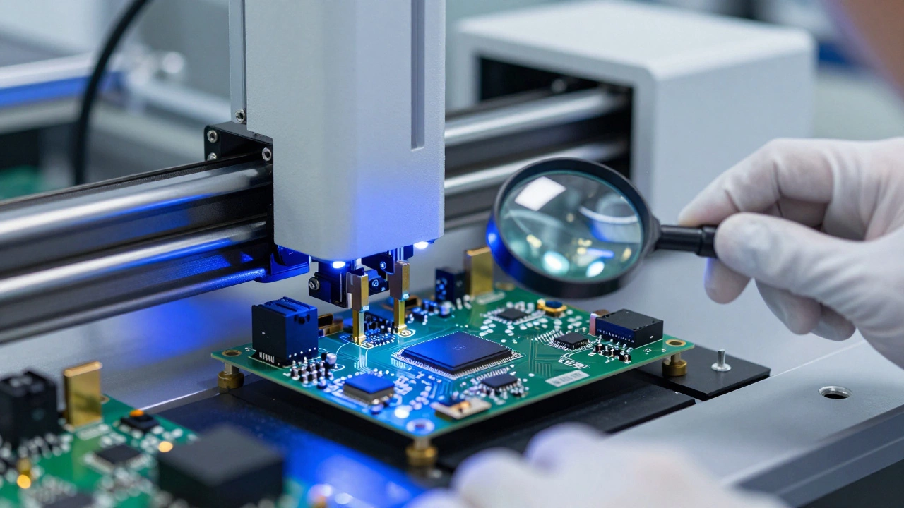 Close-up of automated machine assembling custom IoT sensors on a circuit board.