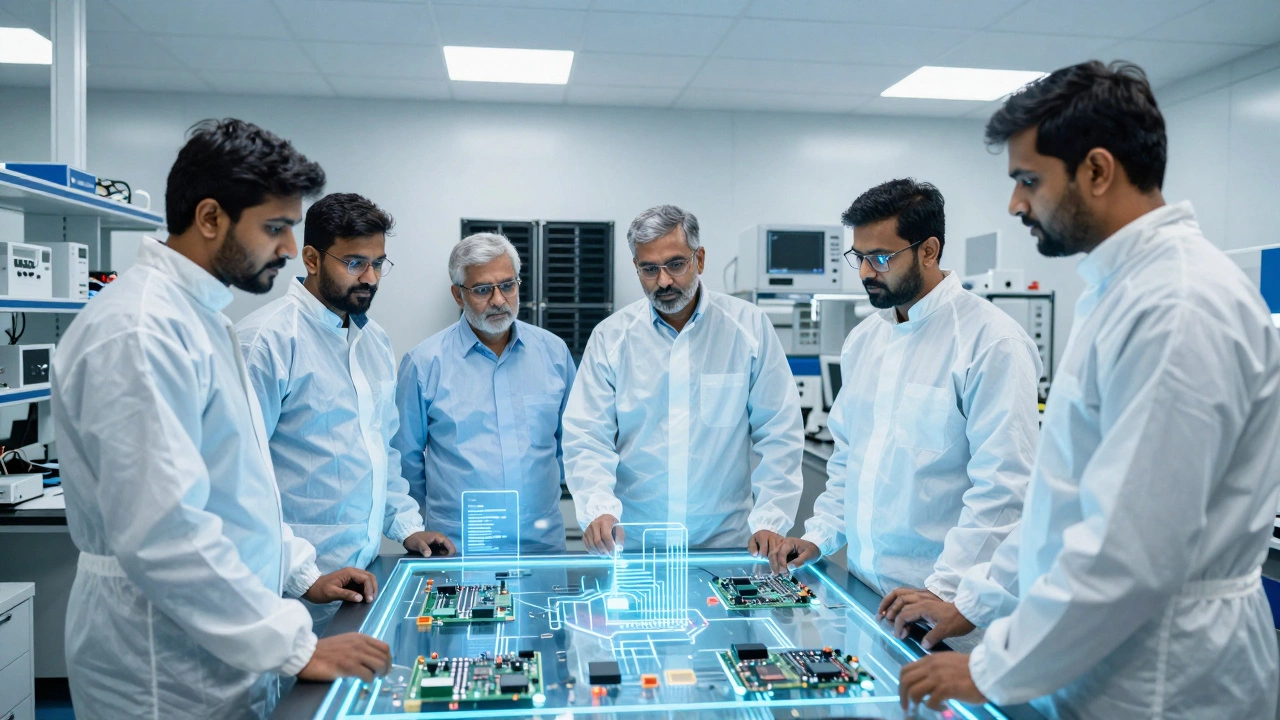 Engineers analyzing circuit boards in a high-tech Bengaluru lab